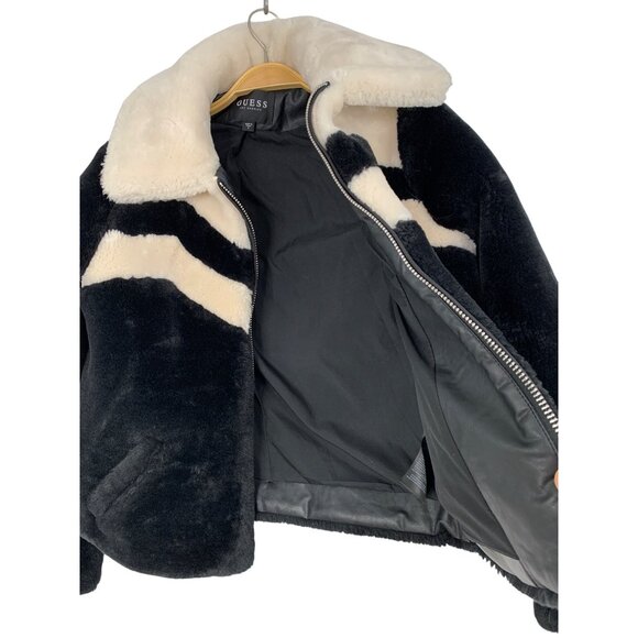 Guess Plush Teddy Cozy  Womens S Black & Beige Faux Fur Jacket Zip Crop RV10318 - Picture 2 of 12
